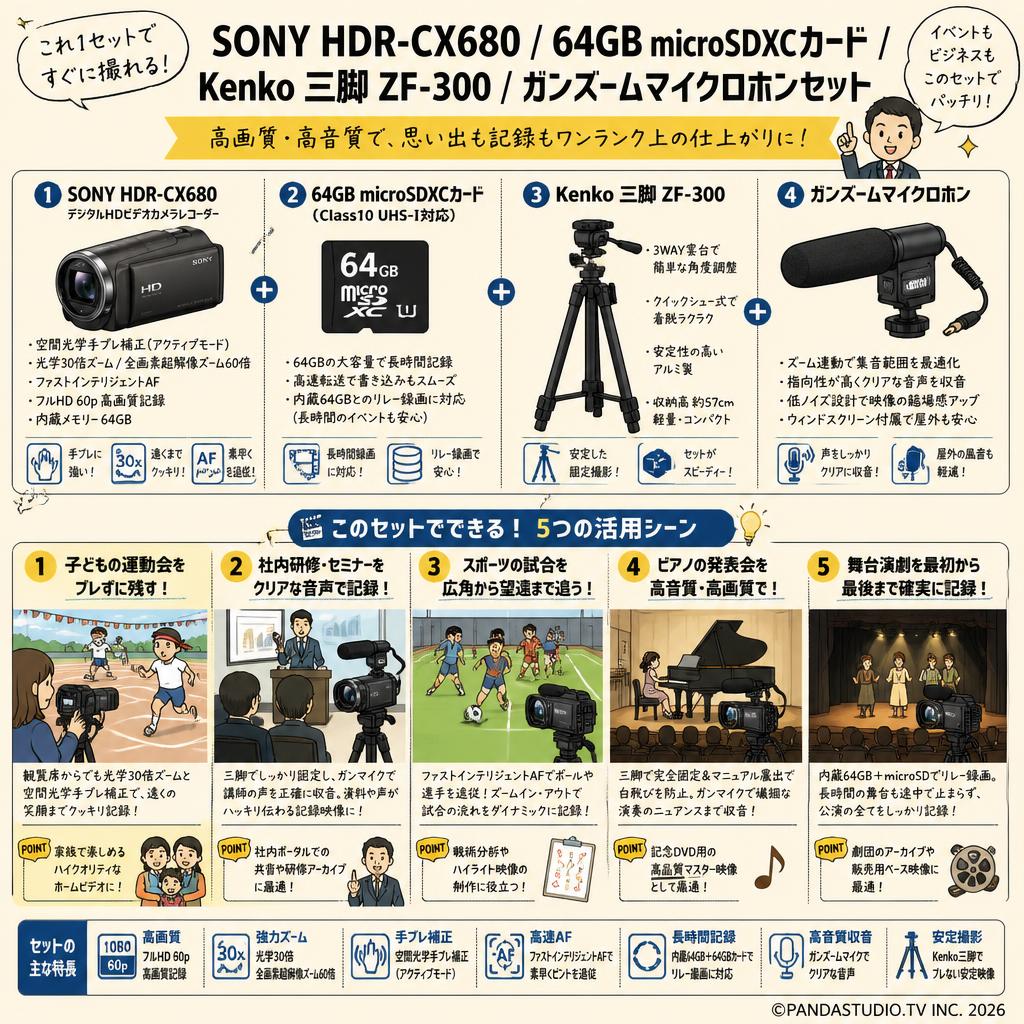 SONY HDR-CX680 / 64GB microSDXCカード / Kenko 三脚 ZF-300 / ガンズームマイクロホンセット 用途