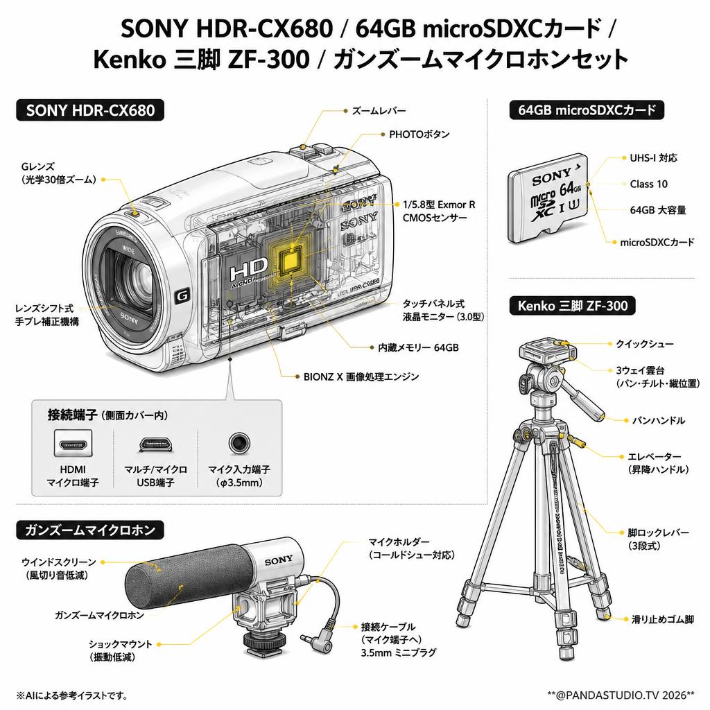 SONY HDR-CX680 / 64GB microSDXCカード / Kenko 三脚 ZF-300 / ガンズームマイクロホンセット スペック