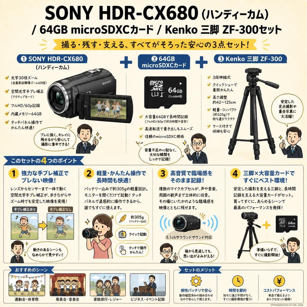 SONY HDR-CX680  (ハンディーカム) / 64GB microSDXCカード / Kenko 三脚 ZF-300セット 概要