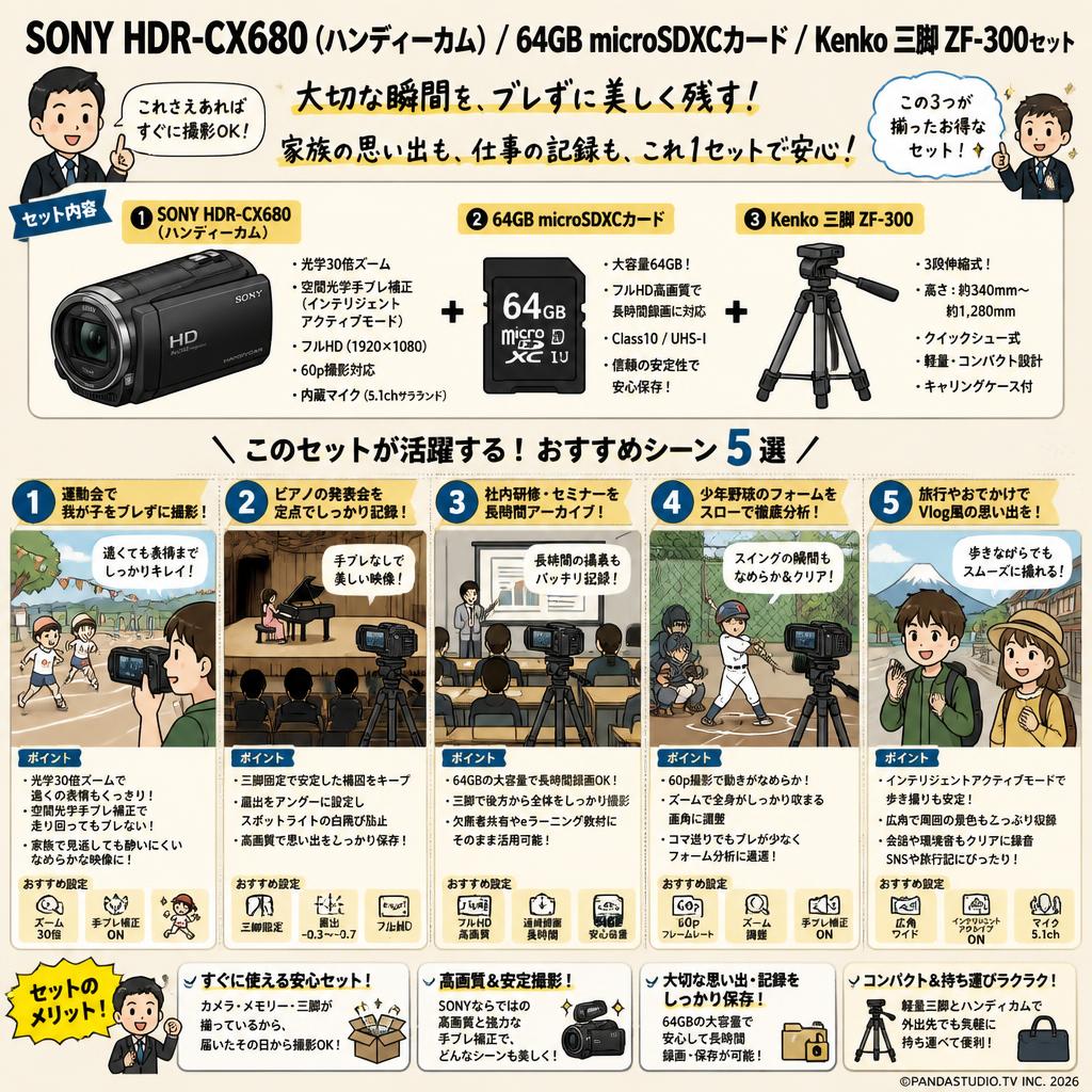 SONY HDR-CX680  (ハンディーカム) / 64GB microSDXCカード / Kenko 三脚 ZF-300セット 用途