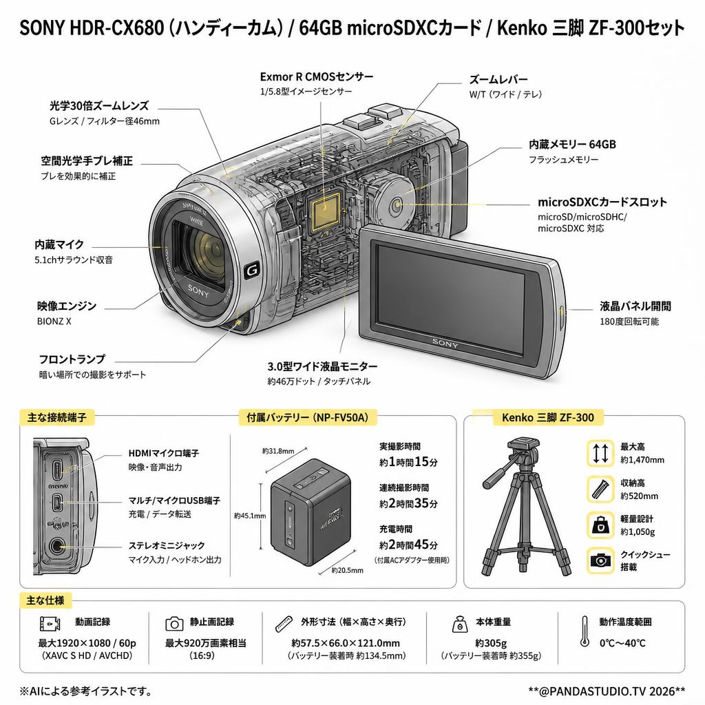 SONY HDR-CX680  (ハンディーカム) / 64GB microSDXCカード / Kenko 三脚 ZF-300セット スペック