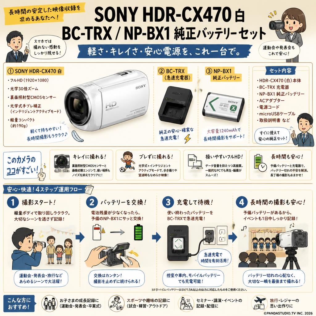 SONY HDR-CX470  白 / BC-TRX / NP-BX1 純正バッテリー セット 概要
