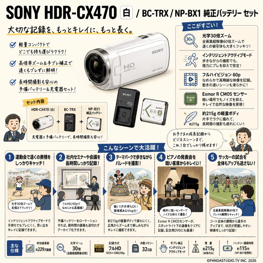 SONY HDR-CX470  白 / BC-TRX / NP-BX1 純正バッテリー セット 用途