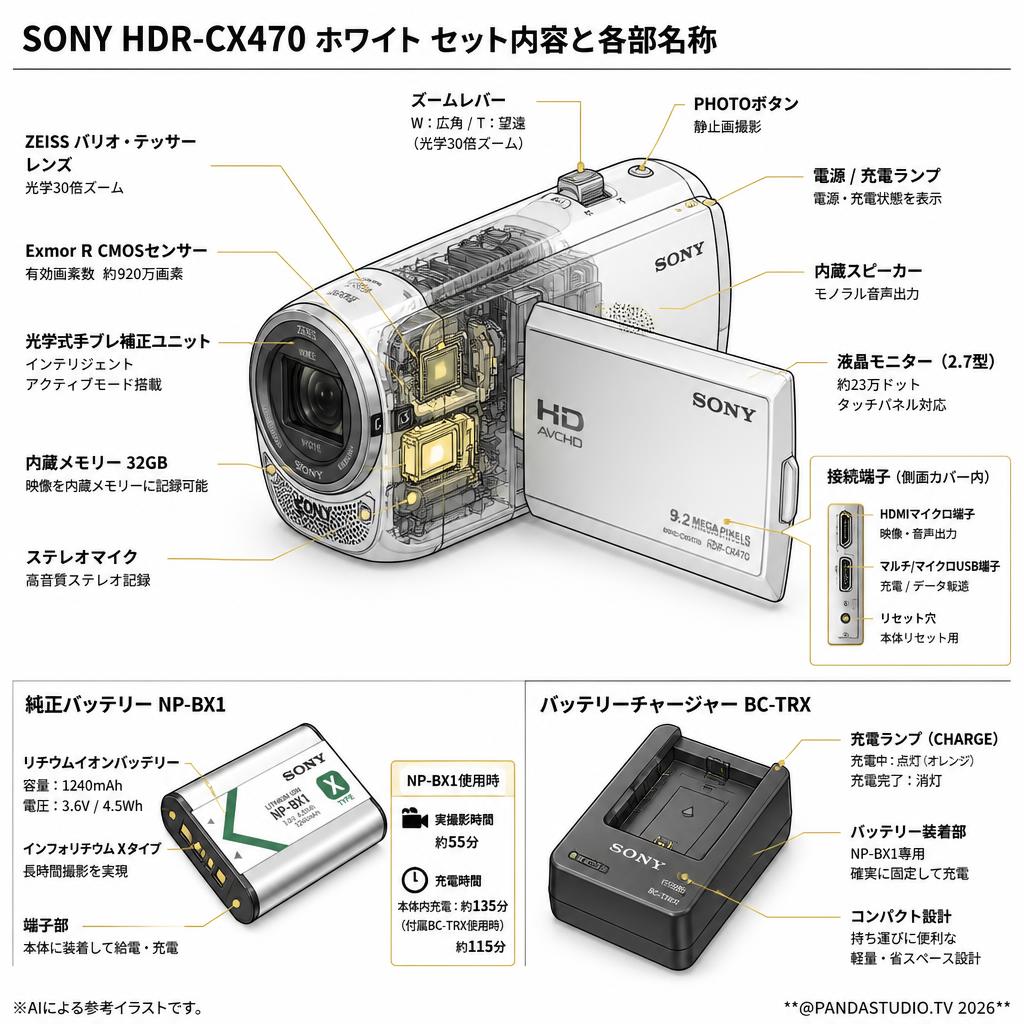 SONY HDR-CX470  白 / BC-TRX / NP-BX1 純正バッテリー セット スペック