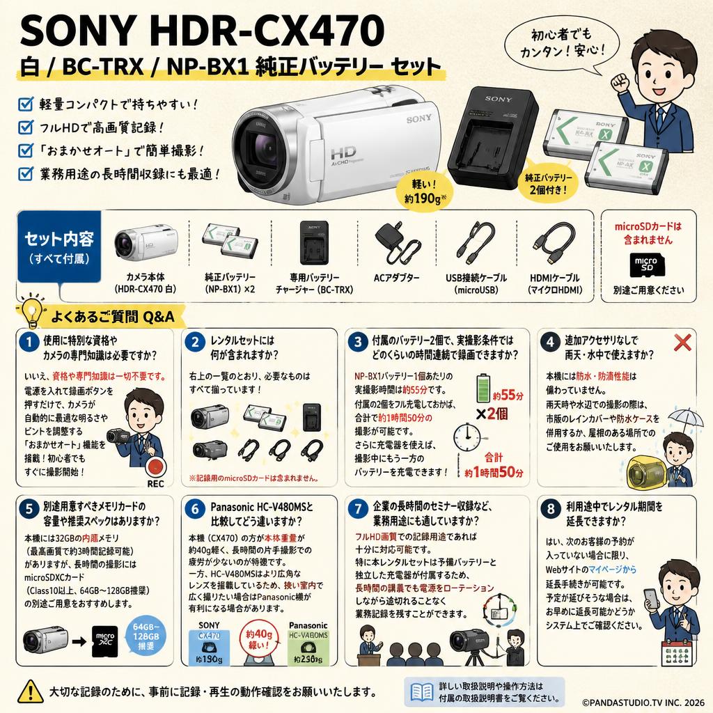 SONY HDR-CX470  白 / BC-TRX / NP-BX1 純正バッテリー セット FAQ（よくある質問と答え）