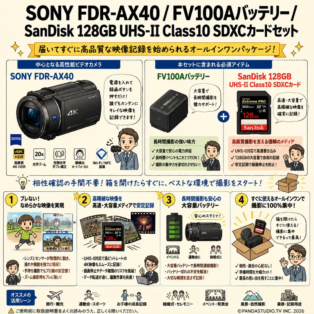 SONY FDR-AX40 / FV100Aバッテリー/SanDisk 128GB UHS-II Class10 SDXCカードセット 概要