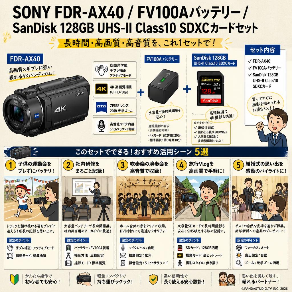SONY FDR-AX40 / FV100Aバッテリー/SanDisk 128GB UHS-II Class10 SDXCカードセット 用途