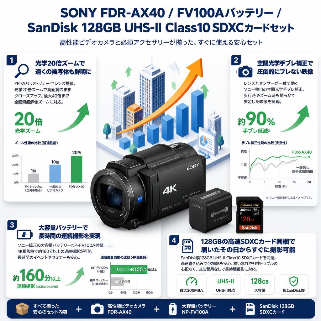 SONY FDR-AX40 / FV100Aバッテリー/SanDisk 128GB UHS-II Class10 SDXCカードセット セールスポイント