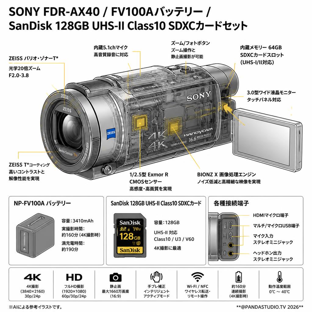 SONY FDR-AX40 / FV100Aバッテリー/SanDisk 128GB UHS-II Class10 SDXCカードセット スペック