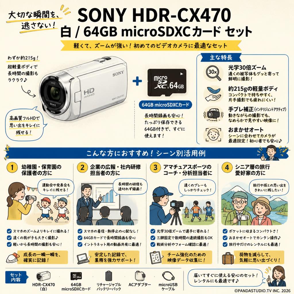 SONY HDR-CX470  白 / 64GB microSDXCカード セット おもな対象のお客様