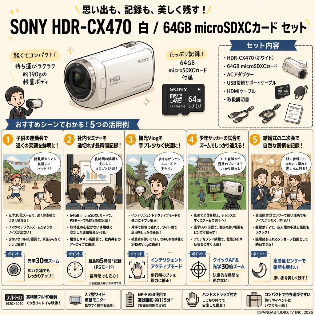 SONY HDR-CX470  白 / 64GB microSDXCカード セット 用途