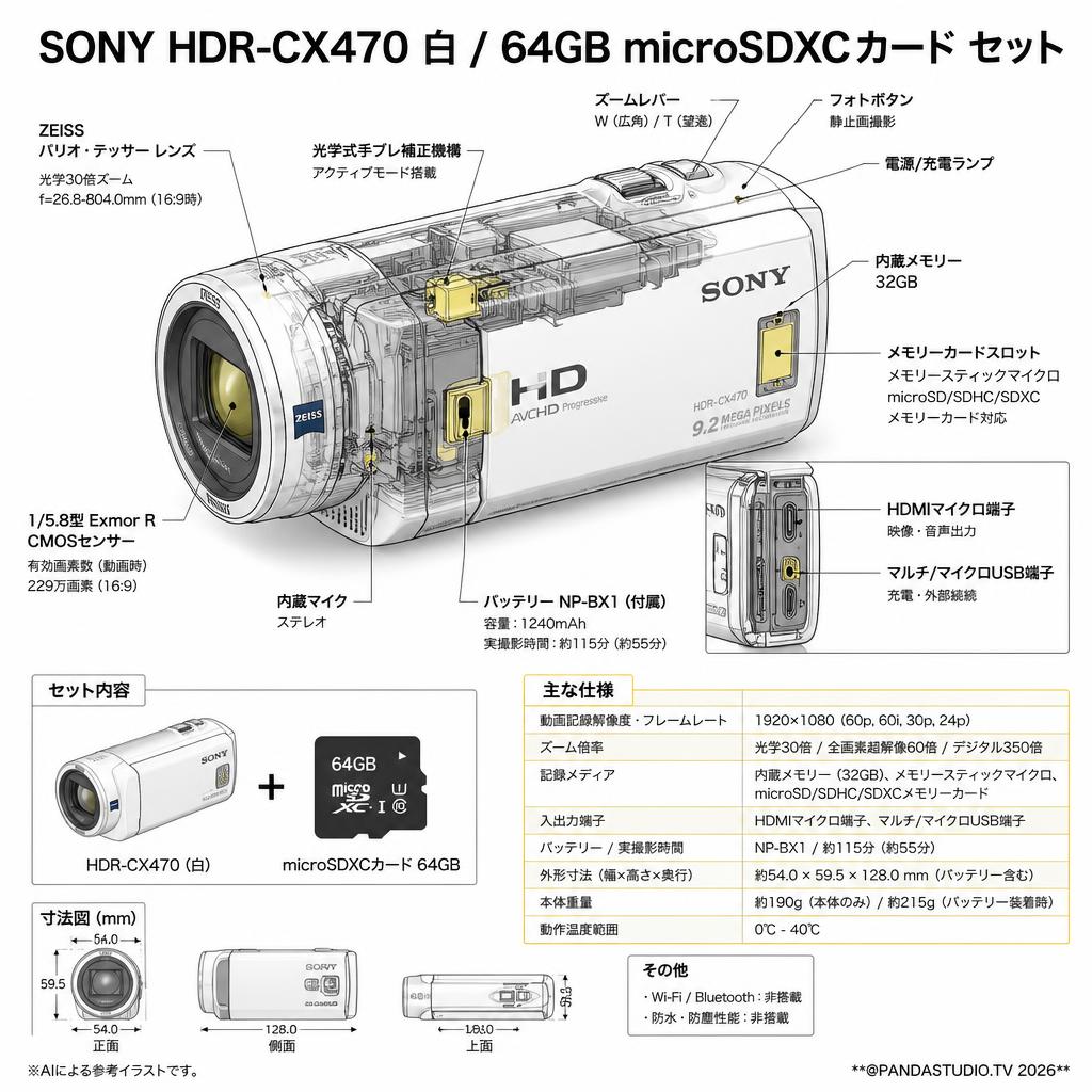 SONY HDR-CX470  白 / 64GB microSDXCカード セット スペック