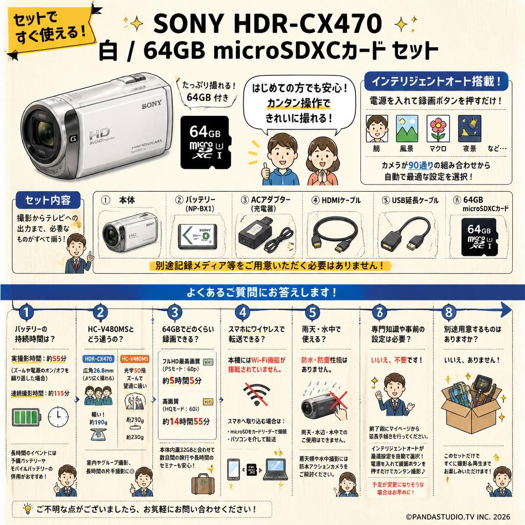SONY HDR-CX470  白 / 64GB microSDXCカード セット FAQ（よくある質問と答え）