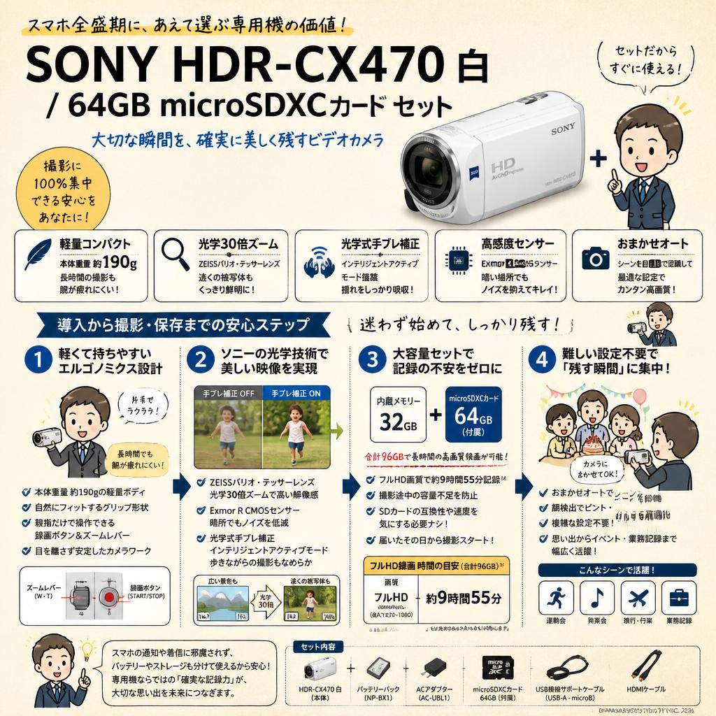 SONY HDR-CX470  白 / 64GB microSDXCカード セット 概要
