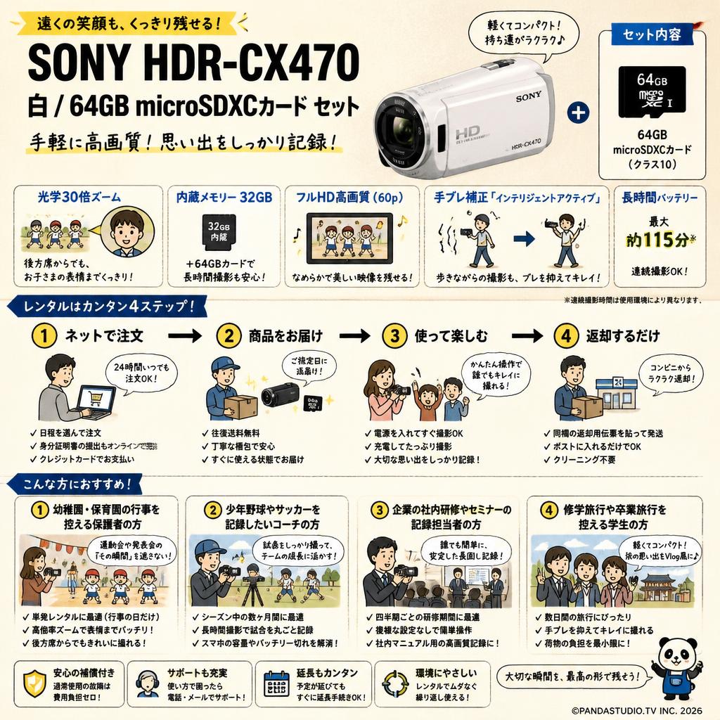 SONY HDR-CX470  白 / 64GB microSDXCカード セット おもな対象のお客様
