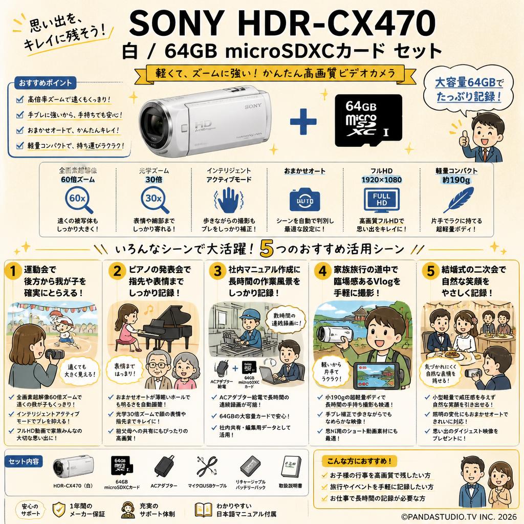 SONY HDR-CX470  白 / 64GB microSDXCカード セット 用途