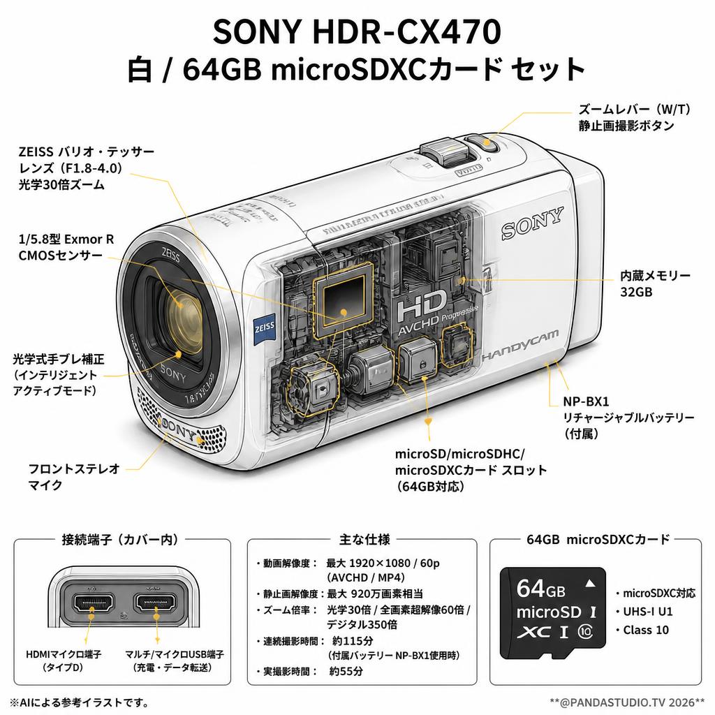 SONY HDR-CX470  白 / 64GB microSDXCカード セット スペック