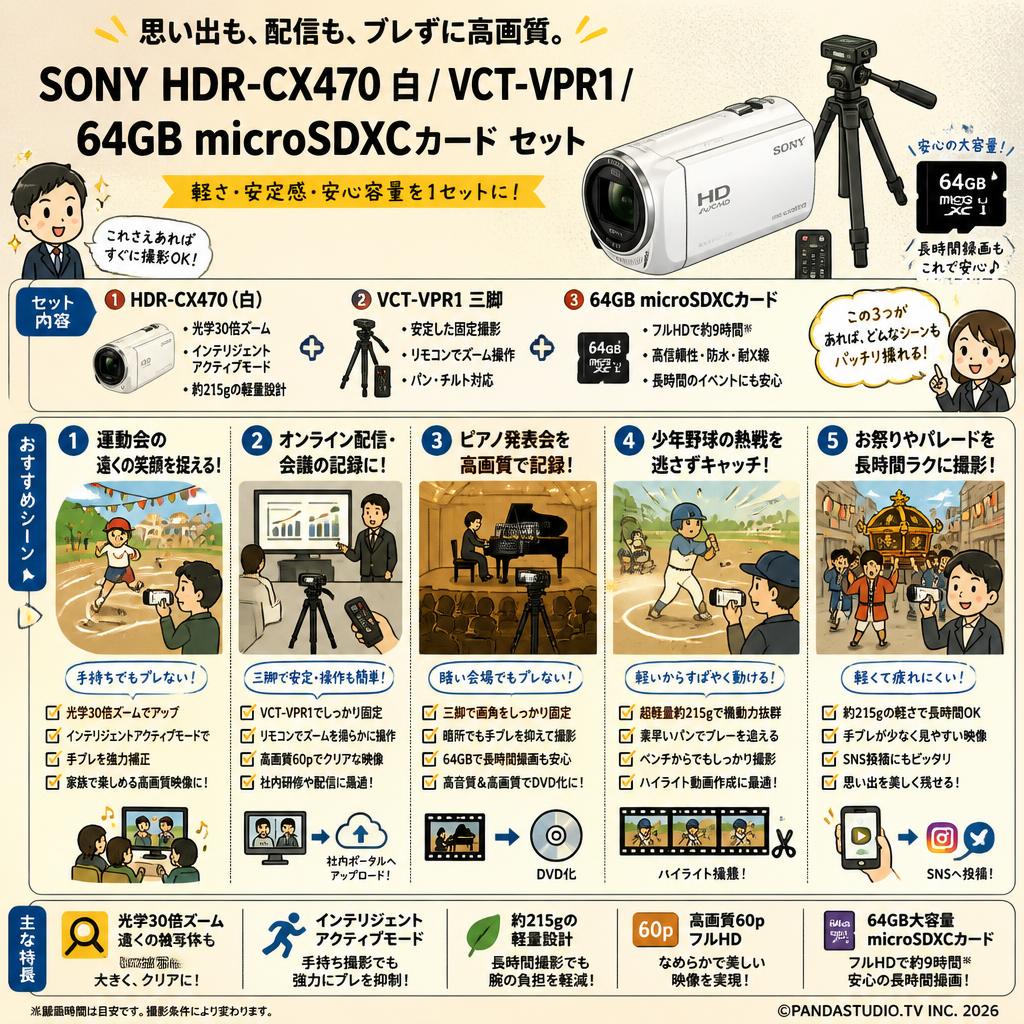 SONY HDR-CX470  白 / VCT-VPR1 / 64GB microSDXCカード セット 用途
