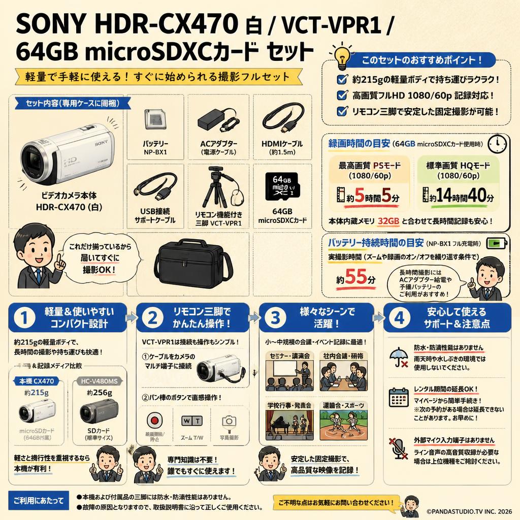 SONY HDR-CX470  白 / VCT-VPR1 / 64GB microSDXCカード セット FAQ（よくある質問と答え）