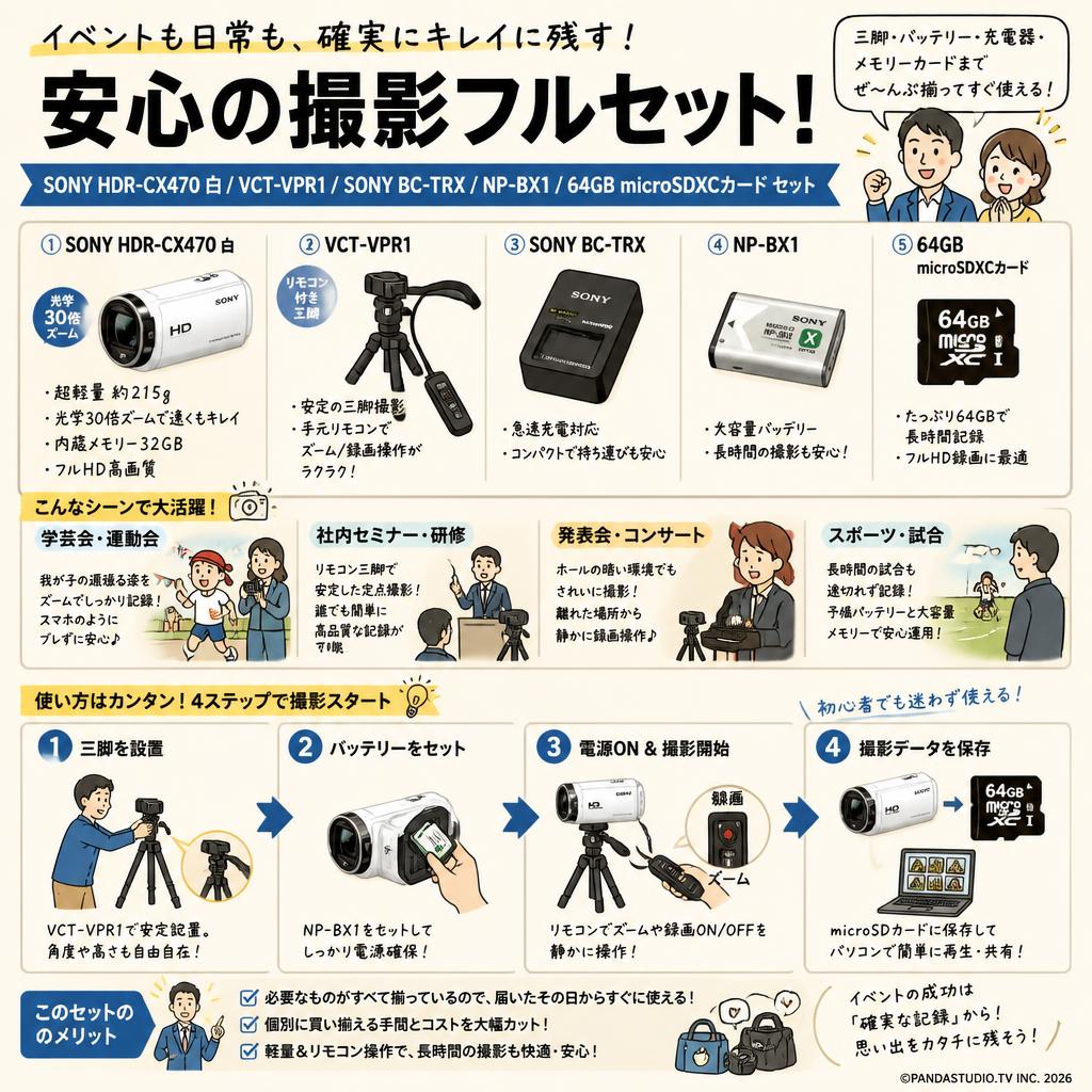 SONY HDR-CX470  白 / VCT-VPR1 / SONY BC-TRX / NP-BX1 / 64GB microSDXCカード セット おもな対象のお客様