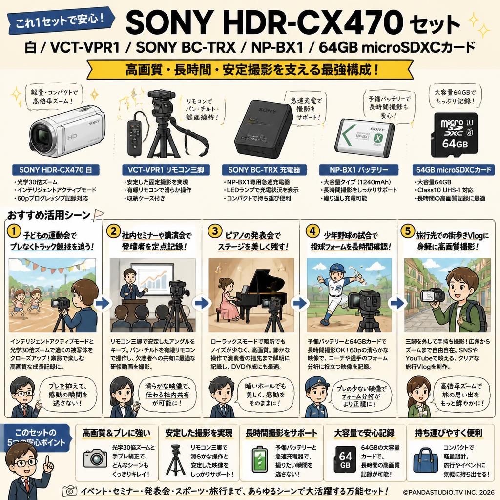 SONY HDR-CX470  白 / VCT-VPR1 / SONY BC-TRX / NP-BX1 / 64GB microSDXCカード セット 用途