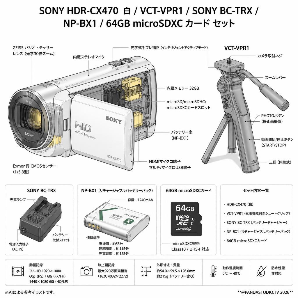 SONY HDR-CX470  白 / VCT-VPR1 / SONY BC-TRX / NP-BX1 / 64GB microSDXCカード セット スペック
