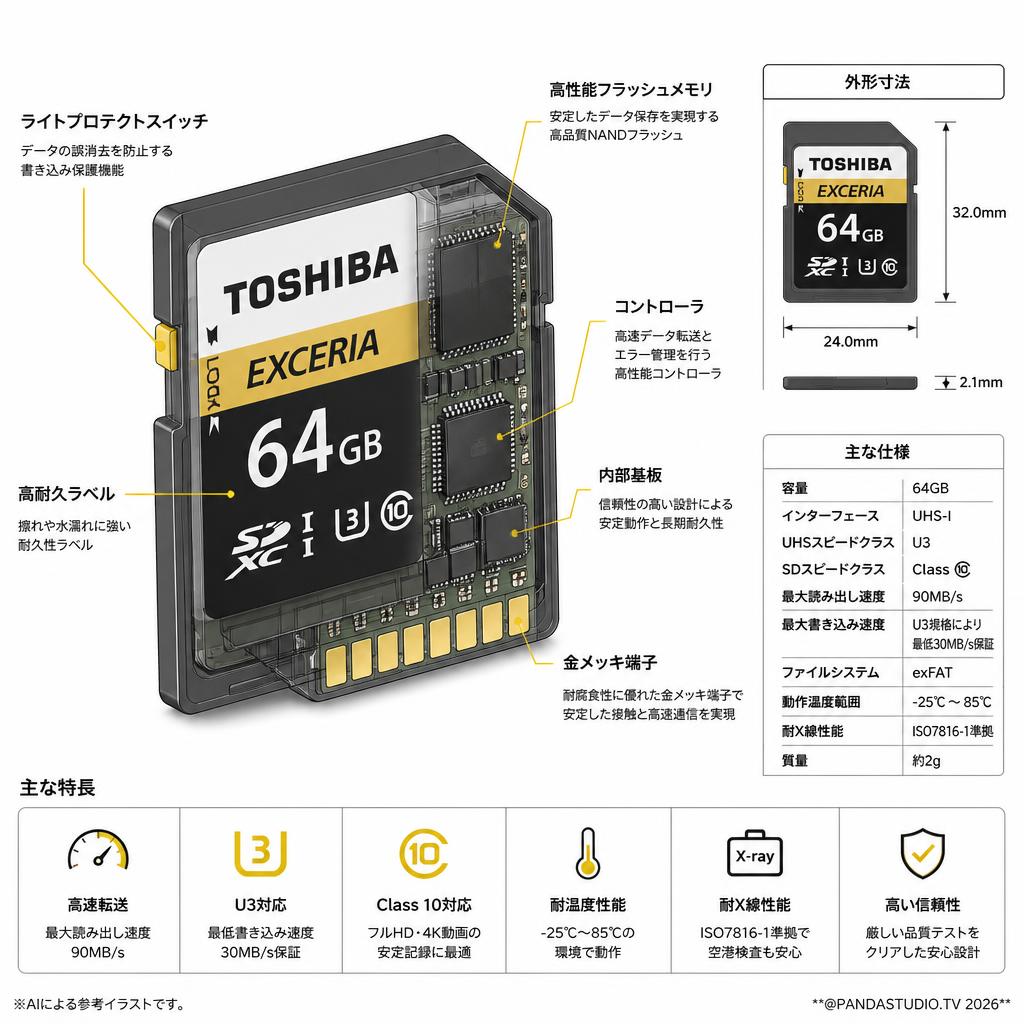TOSHIBA EXCERIA 64GB UHS-I U3 Class-10 SDXCカード スペック