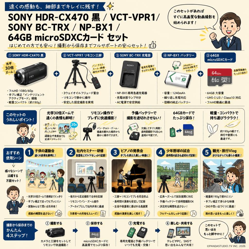 SONY HDR-CX470 黒 / VCT-VPR1 / SONY BC-TRX / NP-BX1 / 64GB microSDXCカード セット 用途