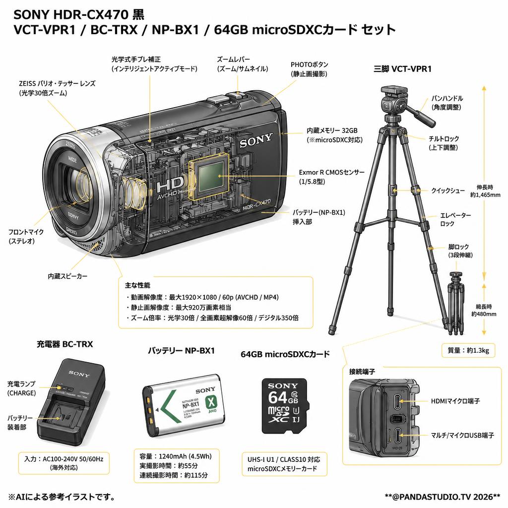 SONY HDR-CX470 黒 / VCT-VPR1 / SONY BC-TRX / NP-BX1 / 64GB microSDXCカード セット スペック