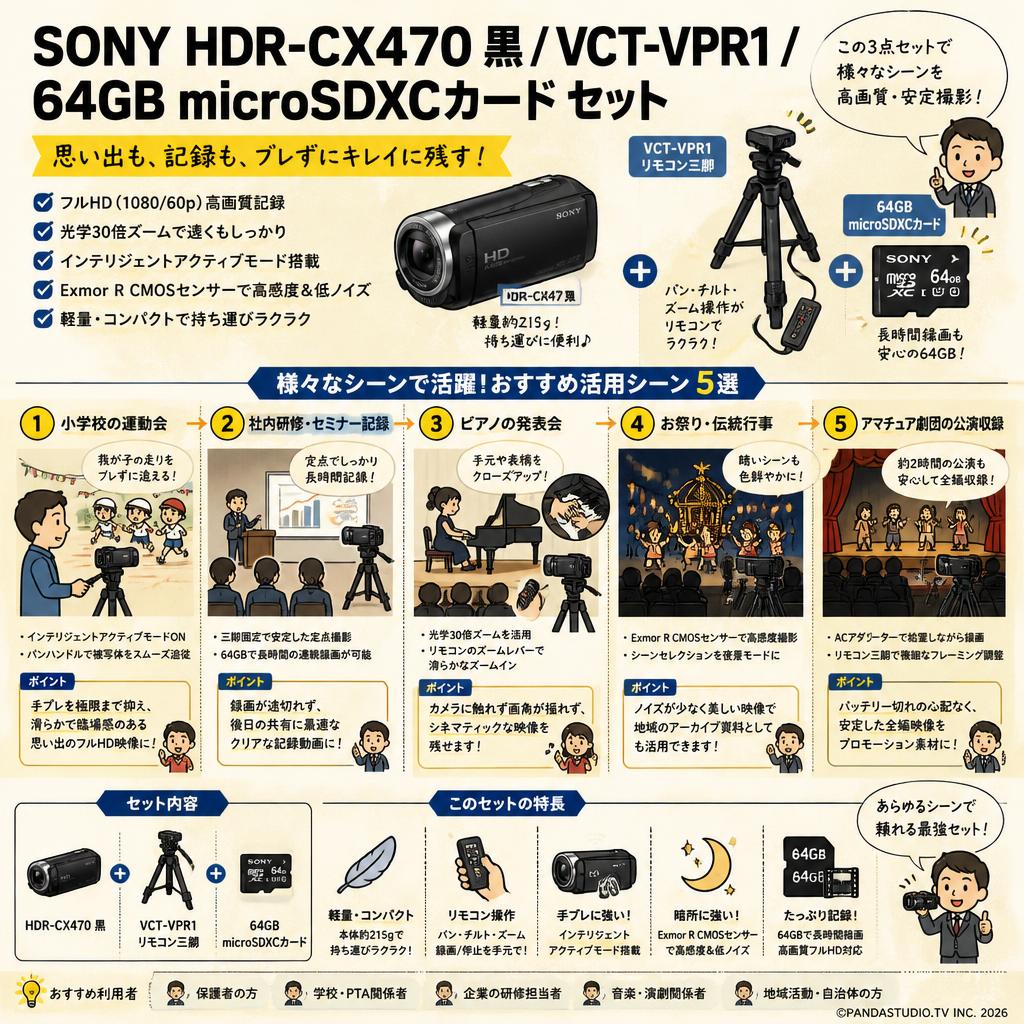 SONY HDR-CX470 黒 / VCT-VPR1 / 64GB microSDXCカード セット 用途