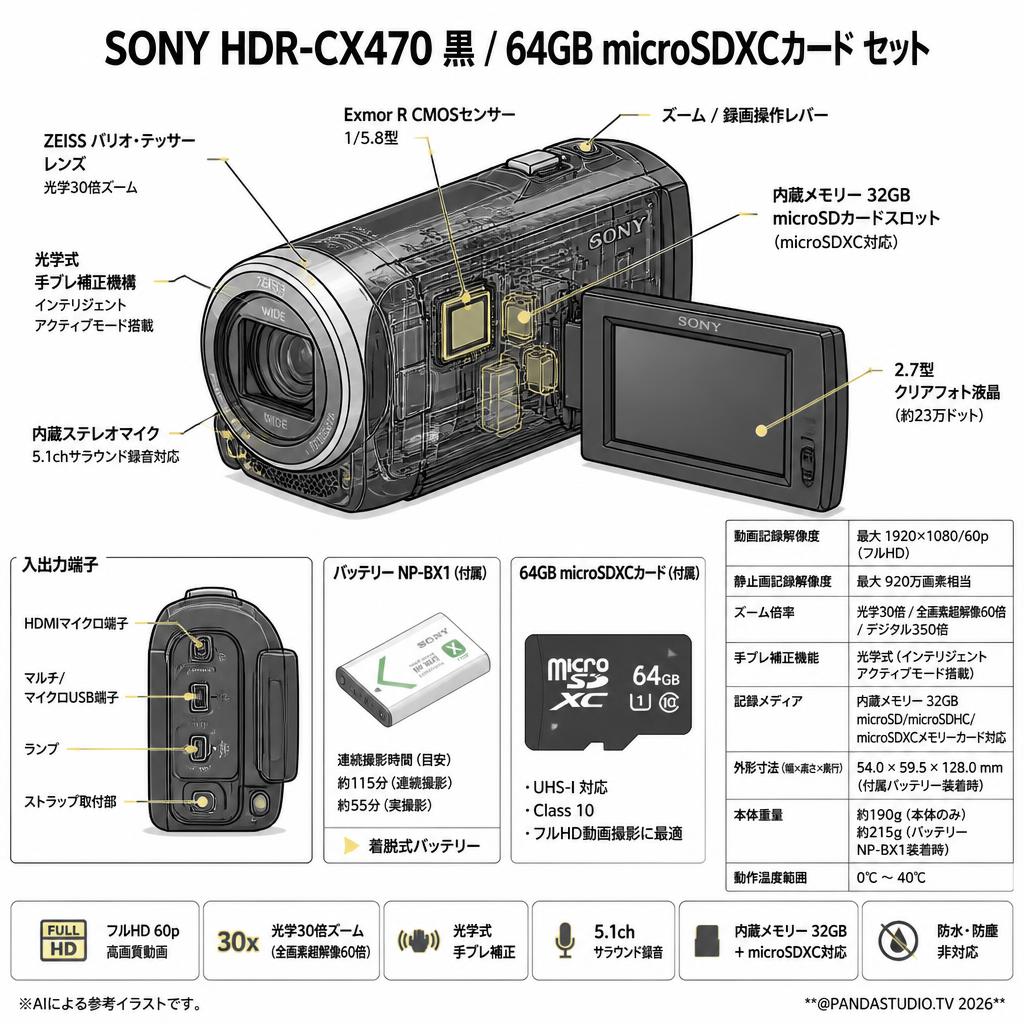 SONY HDR-CX470 黒 / 64GB microSDXCカード セット スペック