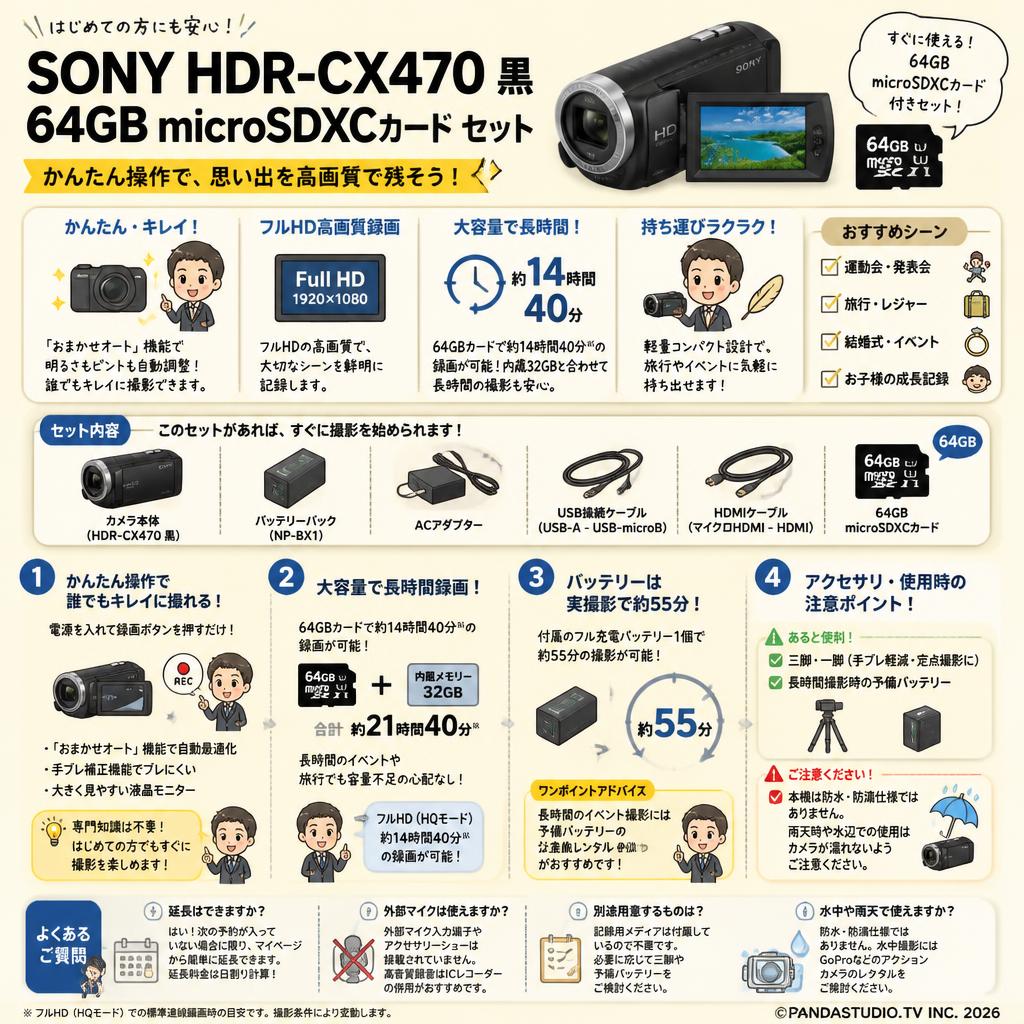 SONY HDR-CX470 黒 / 64GB microSDXCカード セット FAQ（よくある質問と答え）