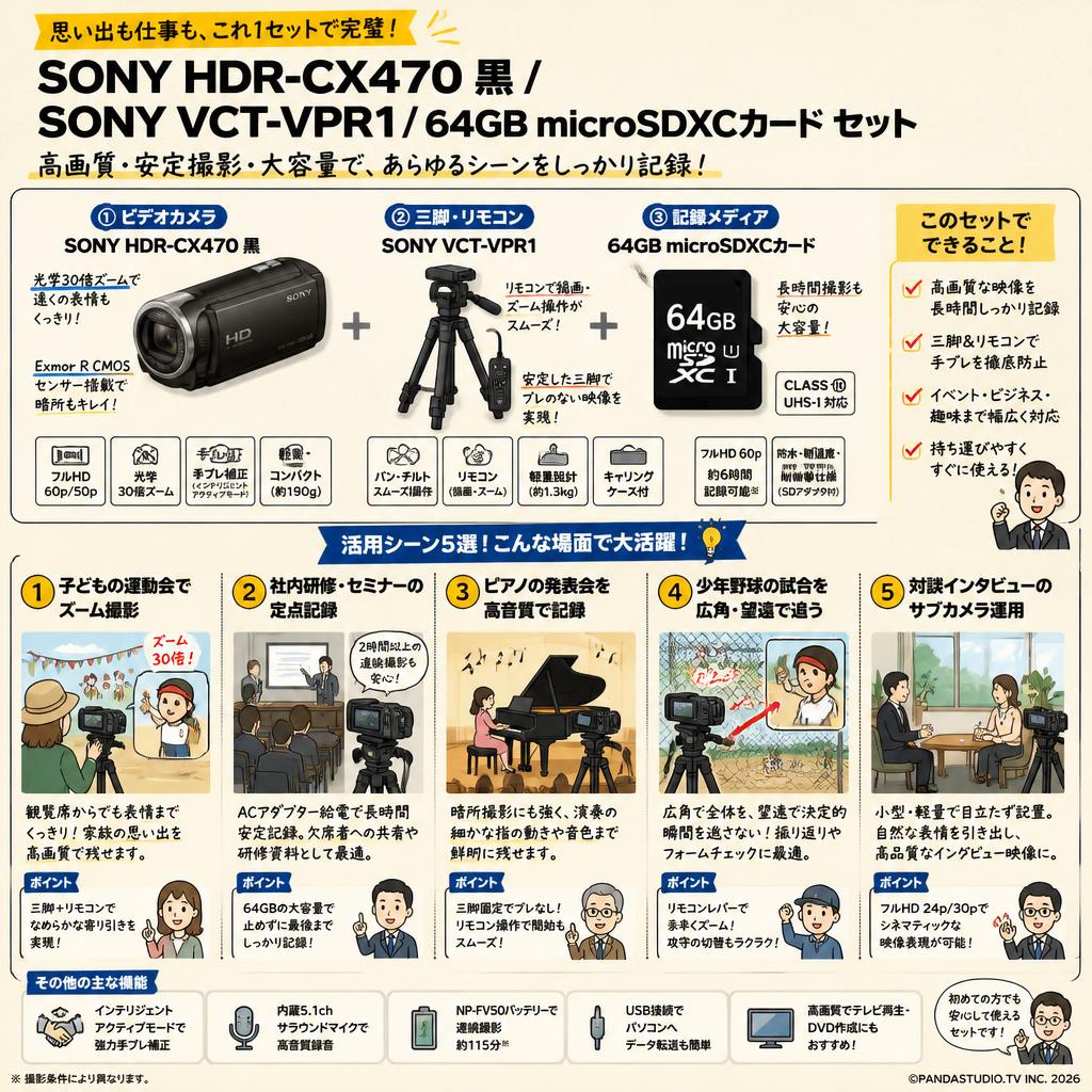 SONY HDR-CX470 黒 / SONY VCT-VPR1 / 64GB microSDXCカード セット 用途