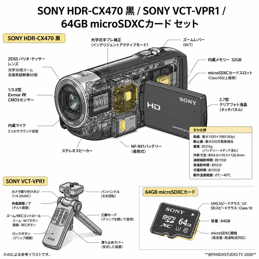 SONY HDR-CX470 黒 / SONY VCT-VPR1 / 64GB microSDXCカード セット スペック