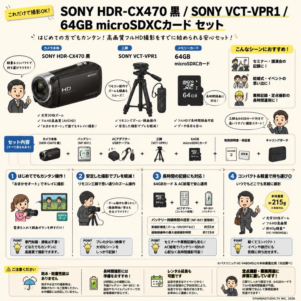 SONY HDR-CX470 黒 / SONY VCT-VPR1 / 64GB microSDXCカード セット FAQ（よくある質問と答え）