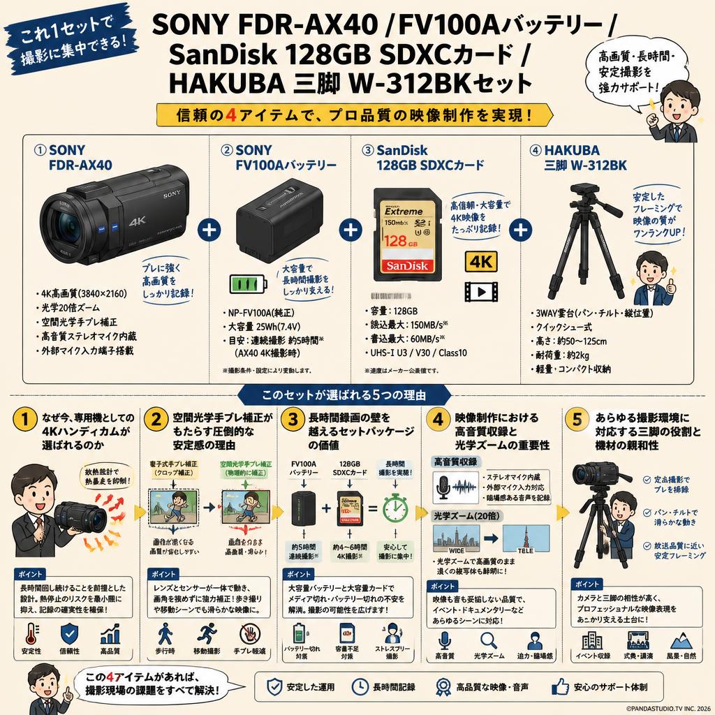 SONY FDR-AX40 / FV100Aバッテリー/SanDisk 128GB SDXCカード / HAKUBA 三脚 W-312BKセット 概要