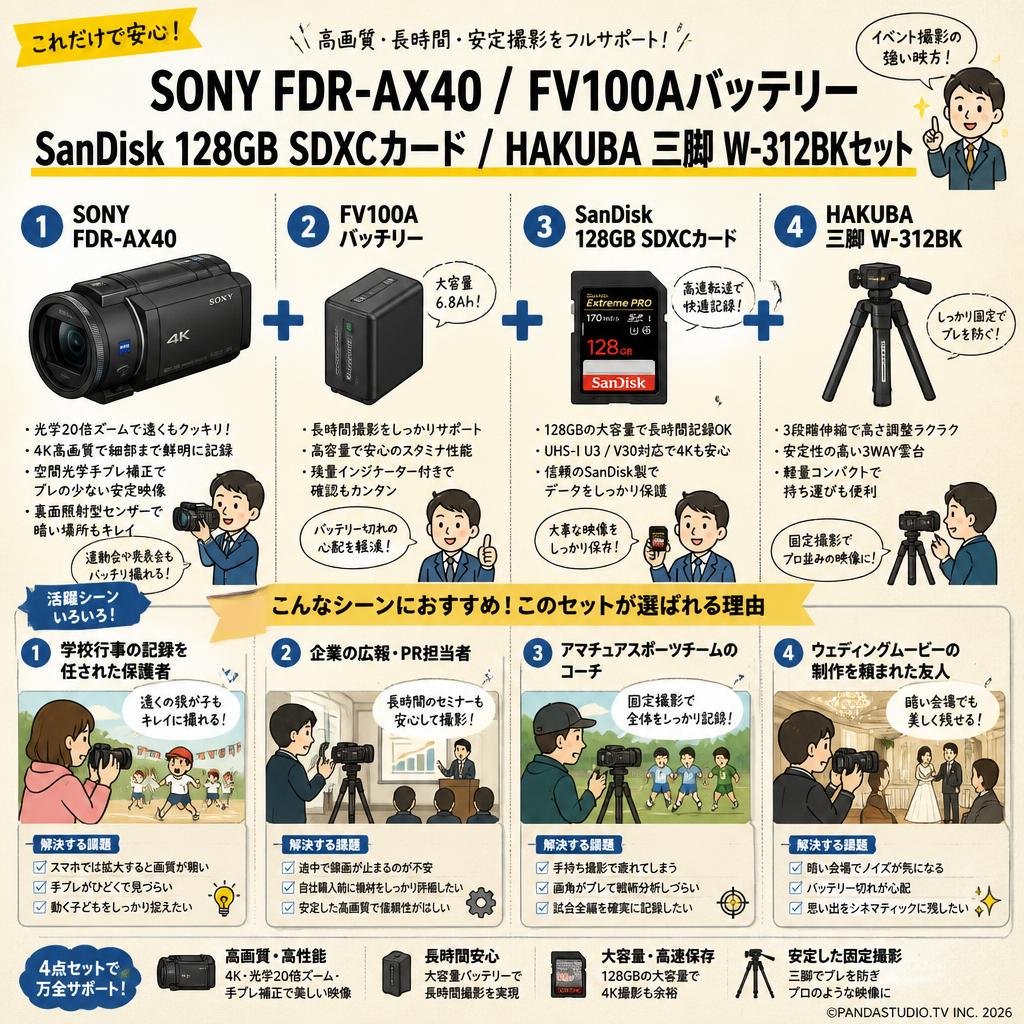 SONY FDR-AX40 / FV100Aバッテリー/SanDisk 128GB SDXCカード / HAKUBA 三脚 W-312BKセット おもな対象のお客様