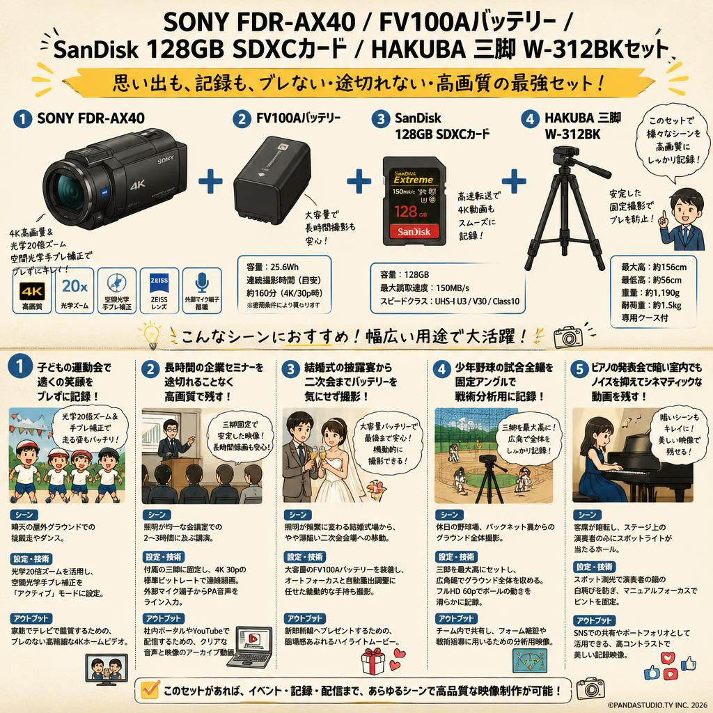SONY FDR-AX40 / FV100Aバッテリー/SanDisk 128GB SDXCカード / HAKUBA 三脚 W-312BKセット 用途