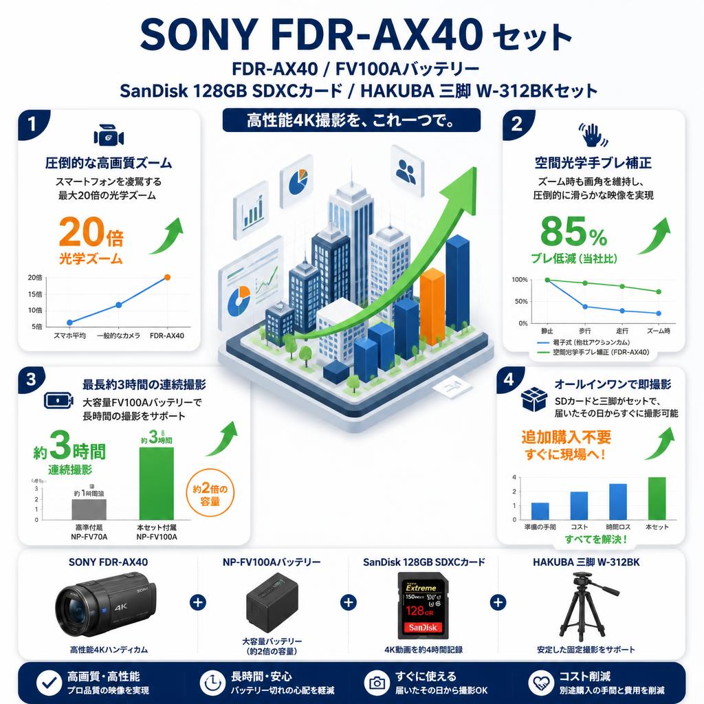 SONY FDR-AX40 / FV100Aバッテリー/SanDisk 128GB SDXCカード / HAKUBA 三脚 W-312BKセット セールスポイント