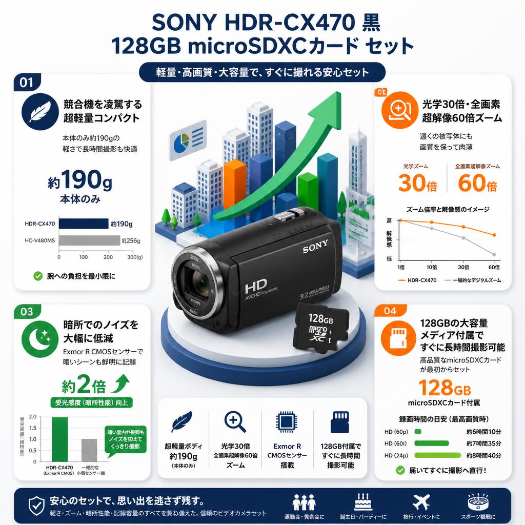 SONY HDR-CX470 黒 / 128GB microSDXCカード セット セールスポイント