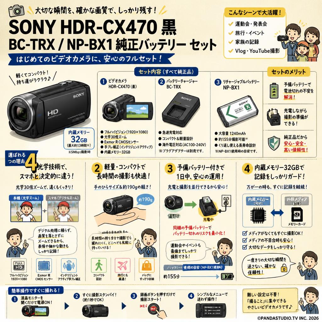 SONY HDR-CX470 黒 / BC-TRX / NP-BX1 純正バッテリー セット 概要