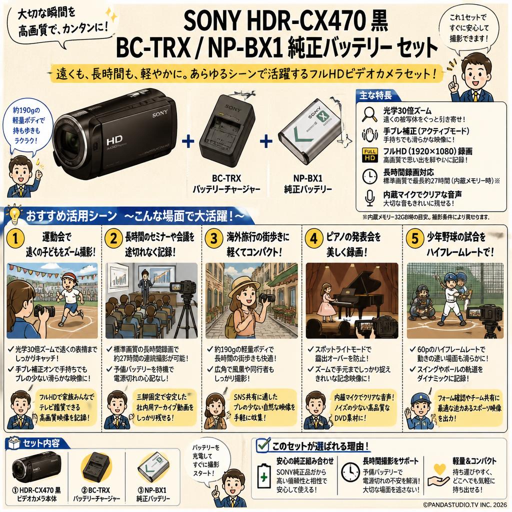 SONY HDR-CX470 黒 / BC-TRX / NP-BX1 純正バッテリー セット 用途