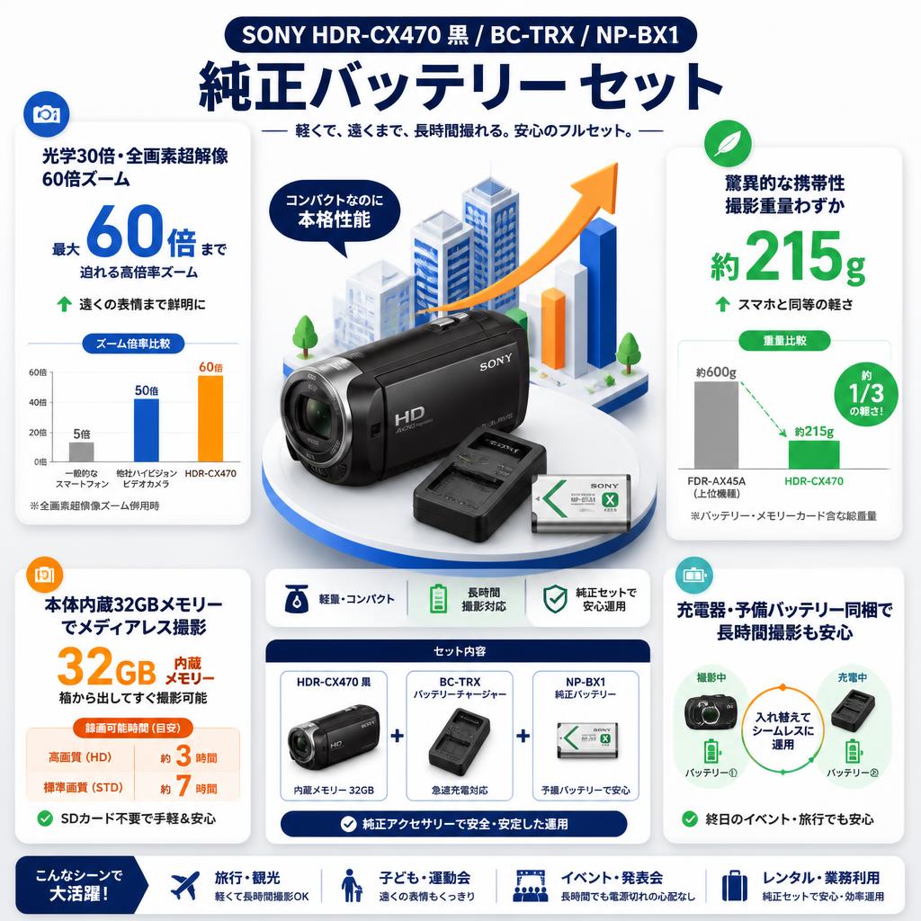 SONY HDR-CX470 黒 / BC-TRX / NP-BX1 純正バッテリー セット セールスポイント