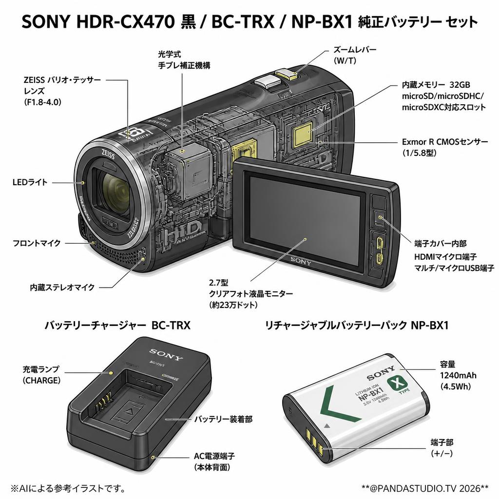 SONY HDR-CX470 黒 / BC-TRX / NP-BX1 純正バッテリー セット スペック