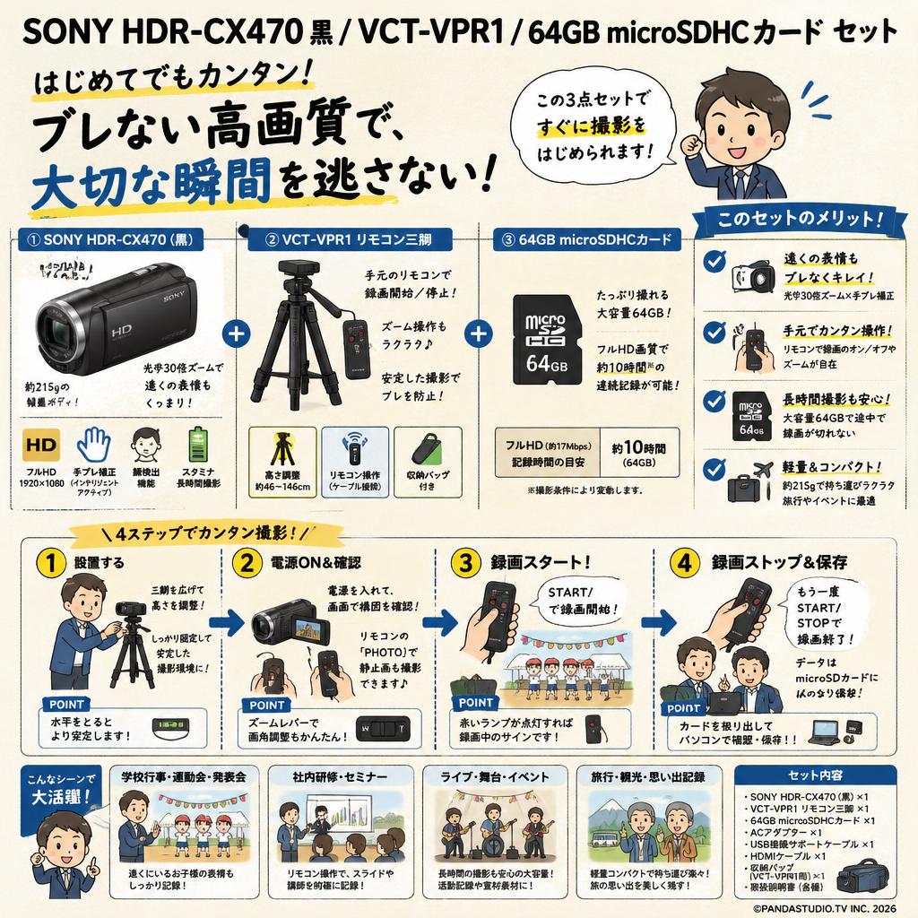 SONY HDR-CX470 黒 / VCT-VPR1 / 64GB microSDHCカード セット おもな対象のお客様