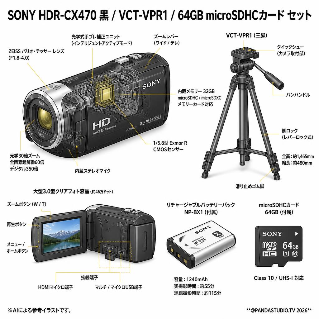 SONY HDR-CX470 黒 / VCT-VPR1 / 64GB microSDHCカード セット スペック