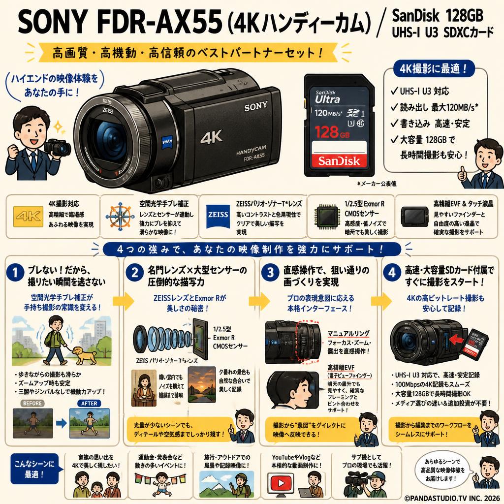 SONY FDR-AX55 （４Kハンディーカム）/ SanDisk  128GB UHS-I U3 SDXCカード 概要