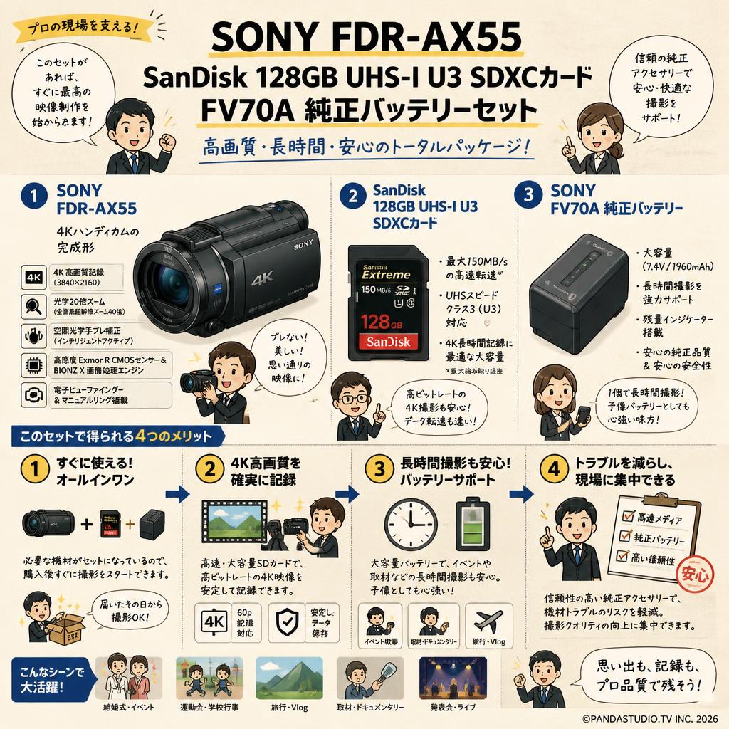 SONY FDR-AX55 / SanDisk  128GB UHS-I U3 SDXCカード/ FV70A 純正バッテリーセット 概要