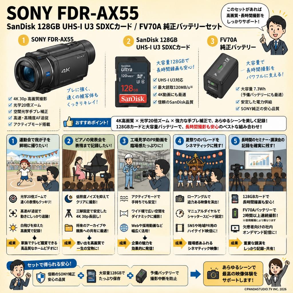 SONY FDR-AX55 / SanDisk  128GB UHS-I U3 SDXCカード/ FV70A 純正バッテリーセット 用途