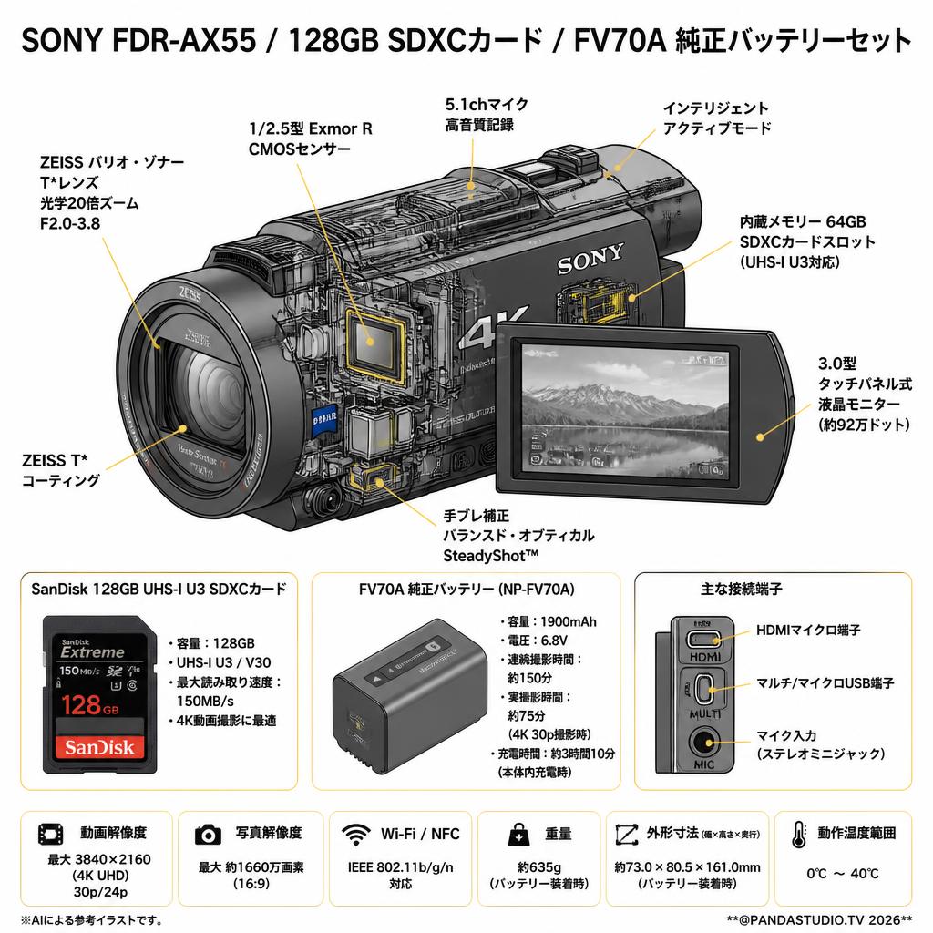 SONY FDR-AX55 / SanDisk  128GB UHS-I U3 SDXCカード/ FV70A 純正バッテリーセット スペック